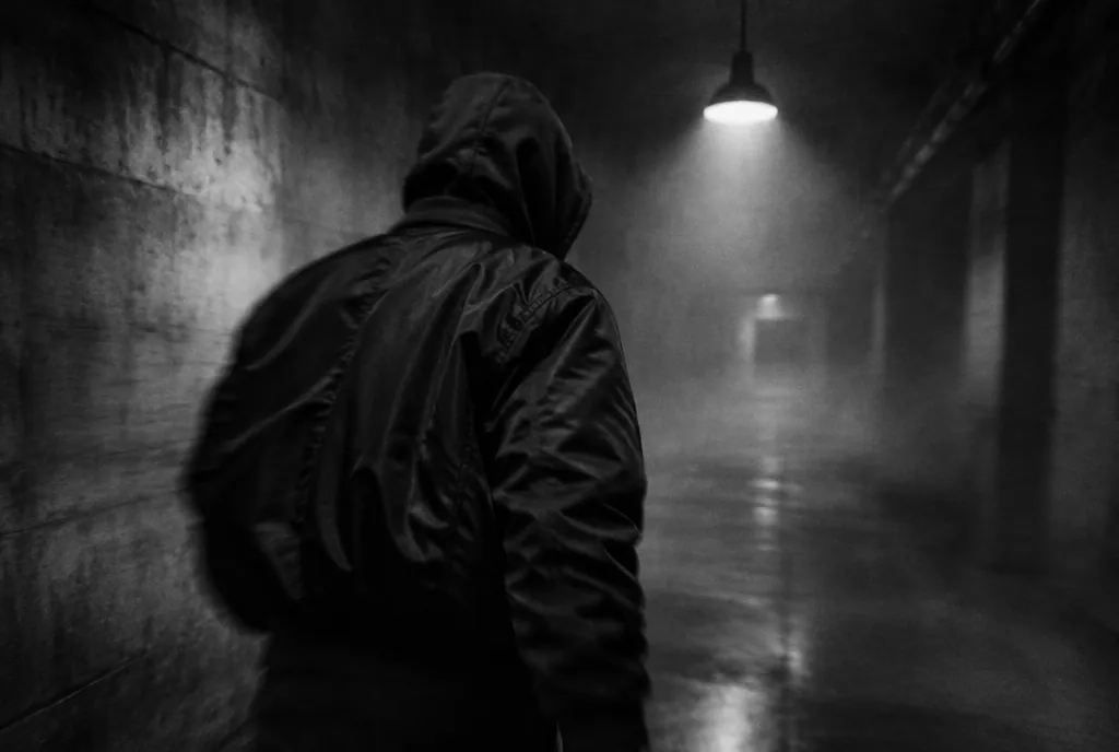 Бомбер курткийн юүдэнг өмссөн хүн харанхуй хонгилоор алхаж байна