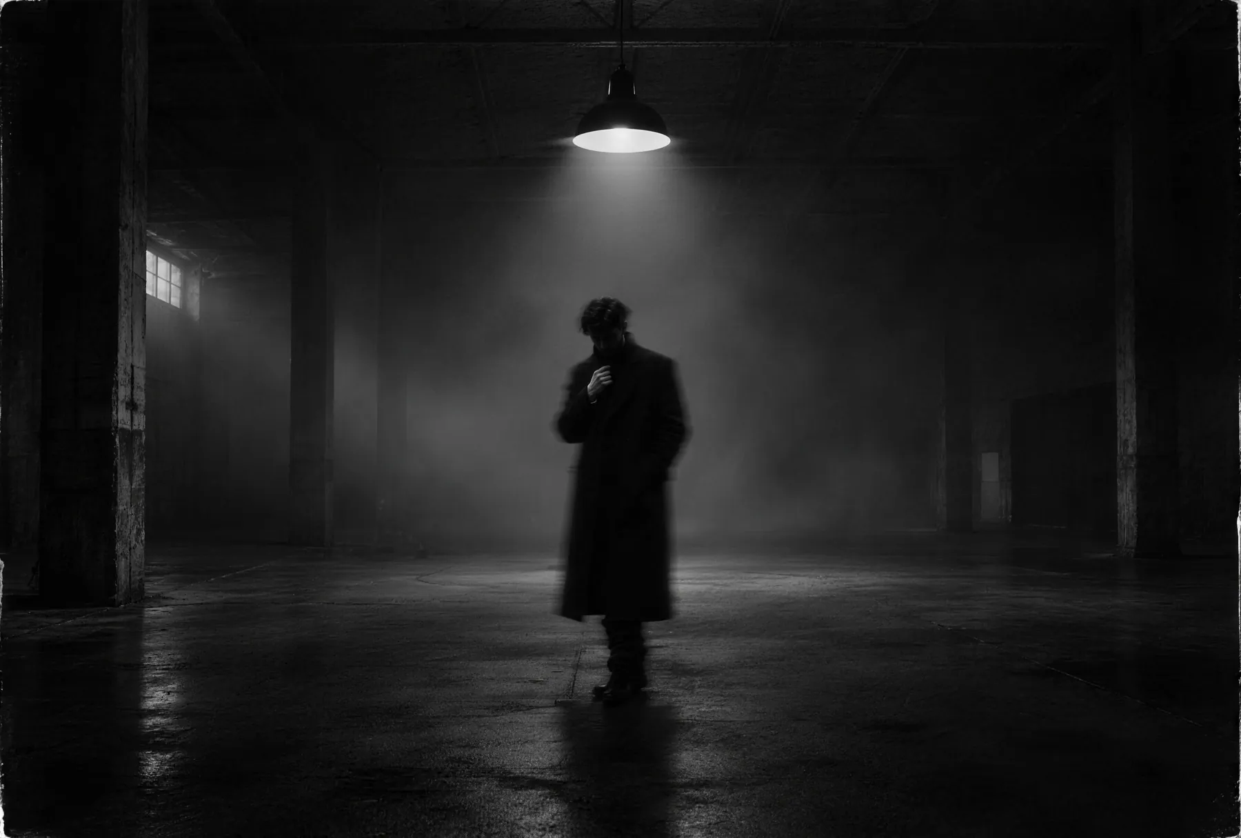 Урт хар пальто өмссөн эр, харанхуй үйлдвэрийн байранд нэг гэрлийн доор